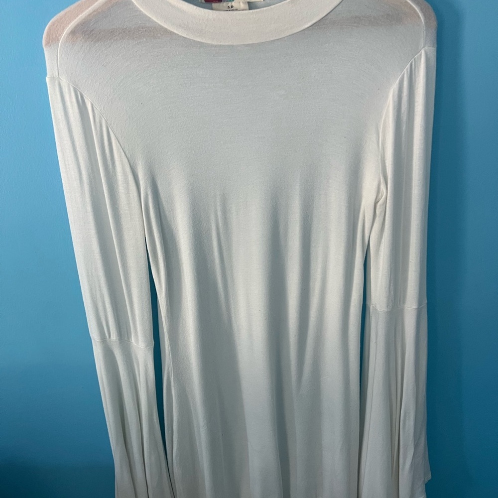Free People Beach White Long Sleeve Swim Coverup with boho wide flowy arms.